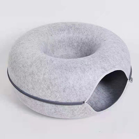 Felt Donut Cat Bed with Zipper Tunnel Toy | Double-Layer Cave | 50x20cm | Light Grey