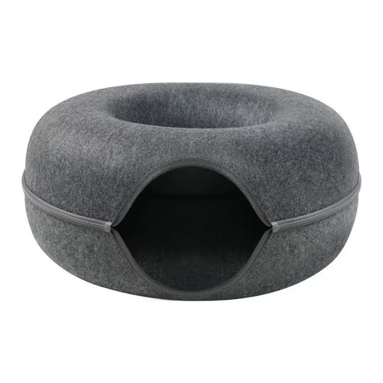 Felt Donut Cat Bed with Zipper Tunnel Toy | Double-Layer Cave | 50x20cm | Dark Grey