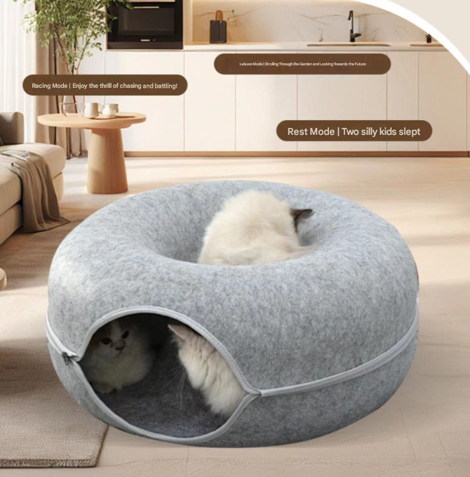 Felt Donut Cat Bed with Zipper Tunnel Toy | Double-Layer Cave | 50x20cm | Dark Grey