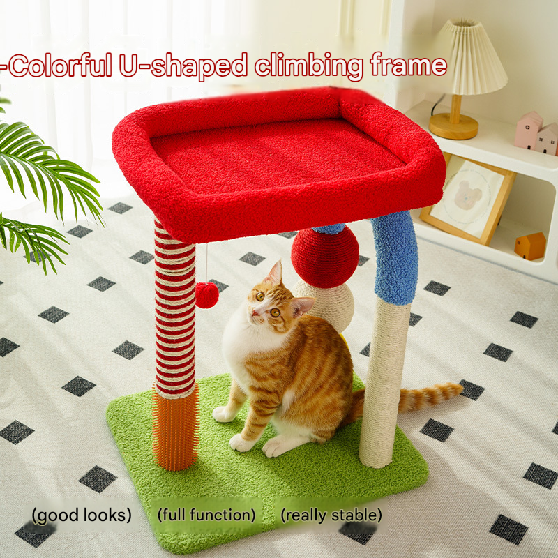 Colorful U-Shaped Cat Tree with Sisal Posts | Multi-Level Perch & Hanging Toy