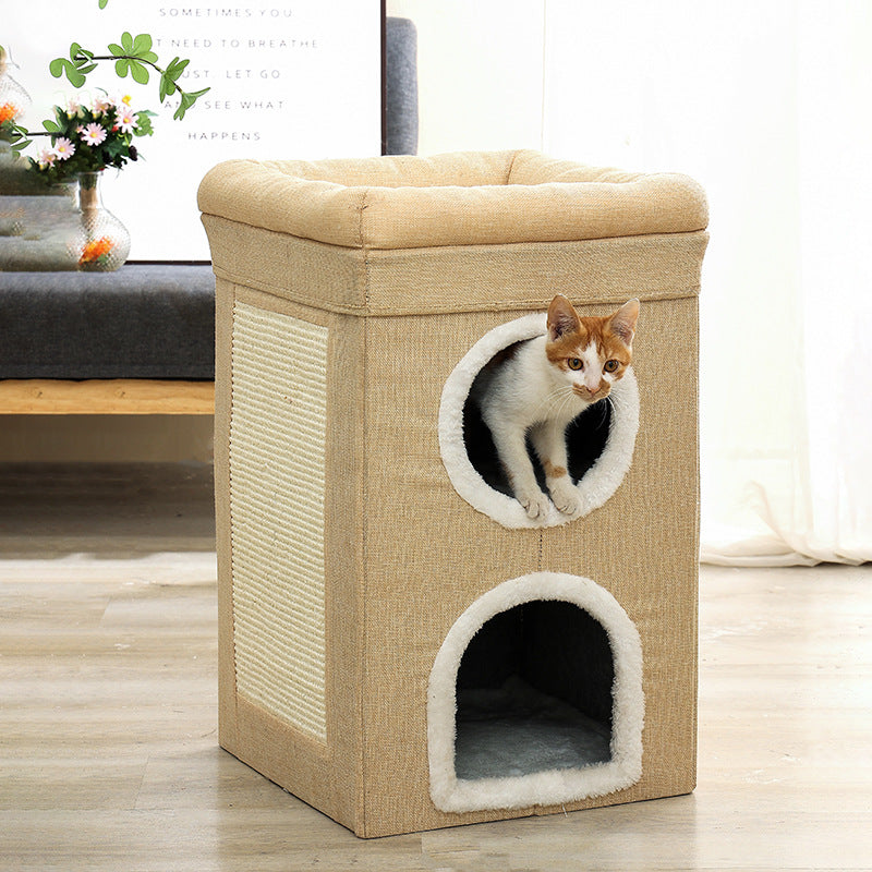 3-Story Villa Cat House with Scratching Posts | Beige