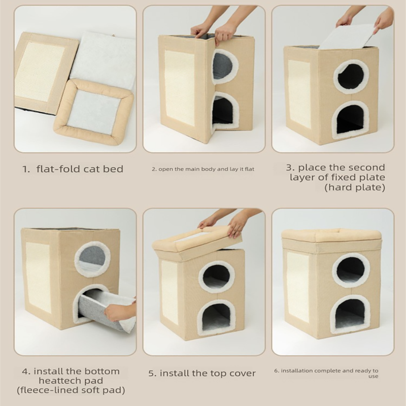 3-Story Villa Cat House with Scratching Posts | Beige