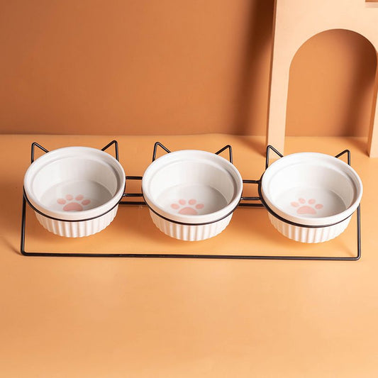 Triple Slanted Ceramic Pet Bowl Set | Elevated Iron Stand | 3 x 300ml | Cat Paw