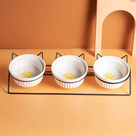 Triple Slanted Ceramic Pet Bowl Set | Yellow Cat Paw