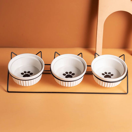 Triple Slanted Ceramic Pet Bowl Set | Black Cat Paw