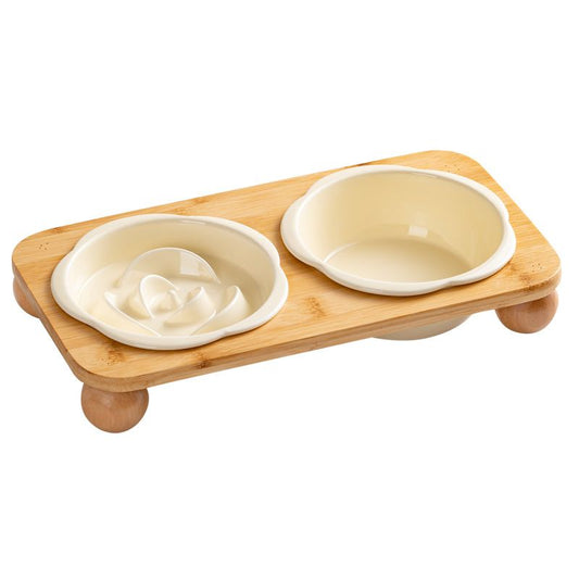 Ceramic Floral Cat Slow Feeder and Water Bowl Set | Yellow