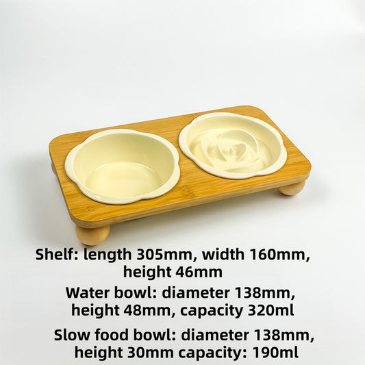 Ceramic Floral Cat Slow Feeder and Water Bowl Set | Yellow
