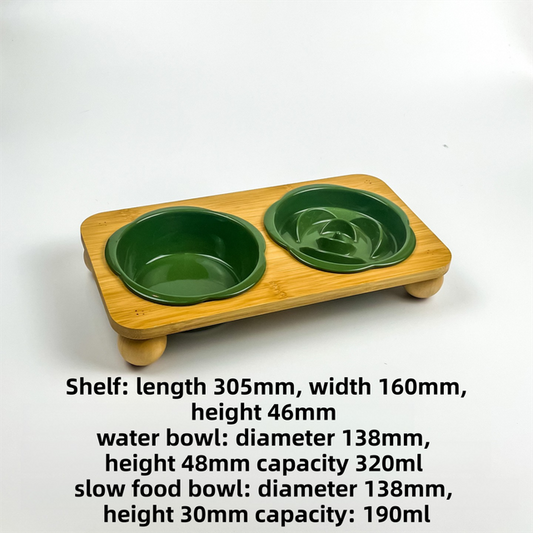 Ceramic Floral Cat Slow Feeder and Water Bowl Set | Green