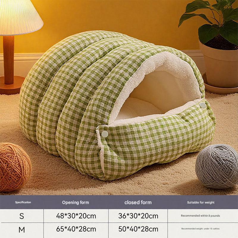 Cat Cave Bed | Enclosed Warm Nest | Green Plaid | Small