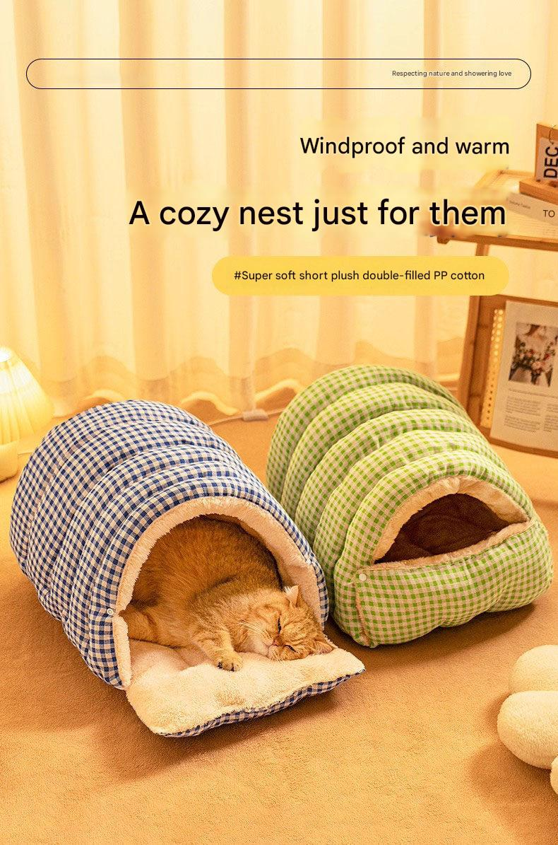 Cat Cave Bed | Enclosed Warm Nest | Green Plaid | Small
