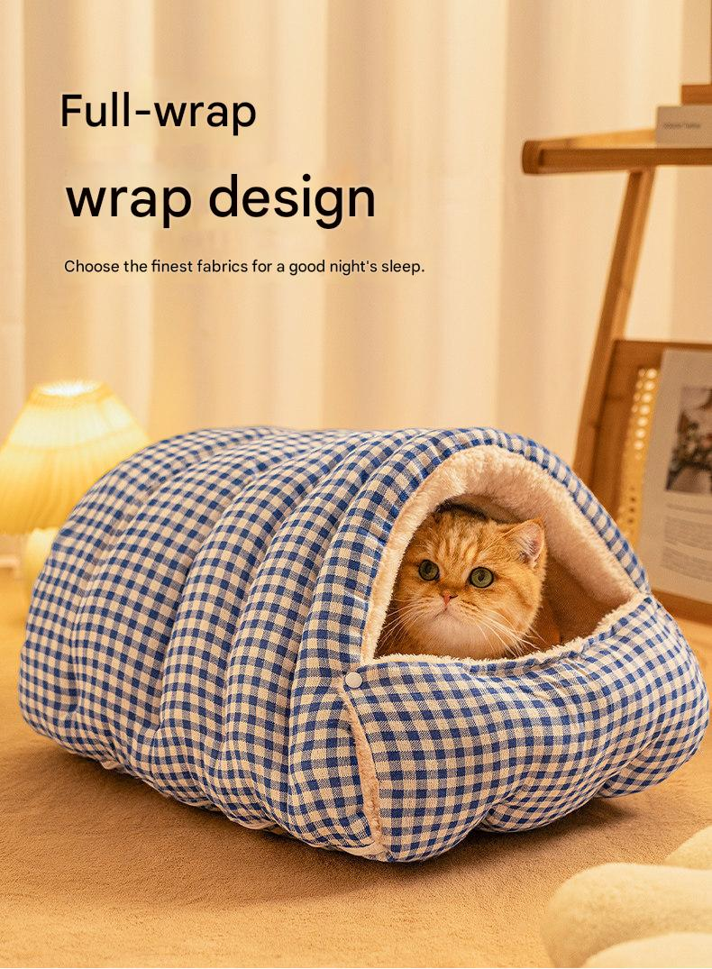 Cat Cave Bed | Enclosed Warm Nest | Green Plaid | Small