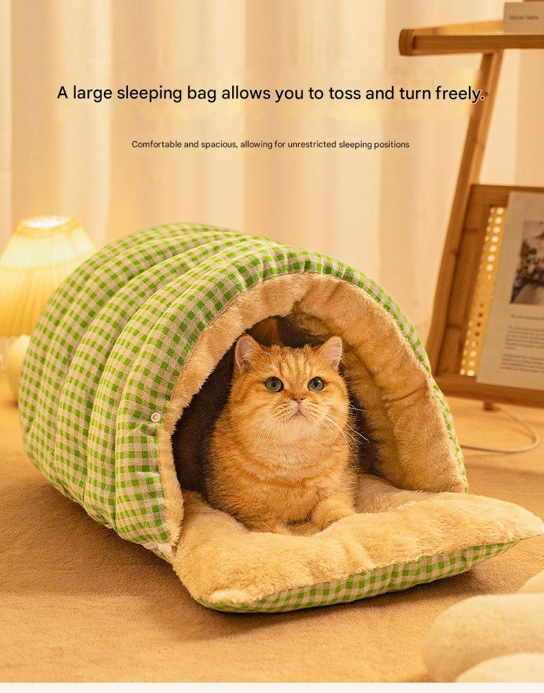 Cat Cave Bed | Enclosed Warm Nest | Green Plaid | Small