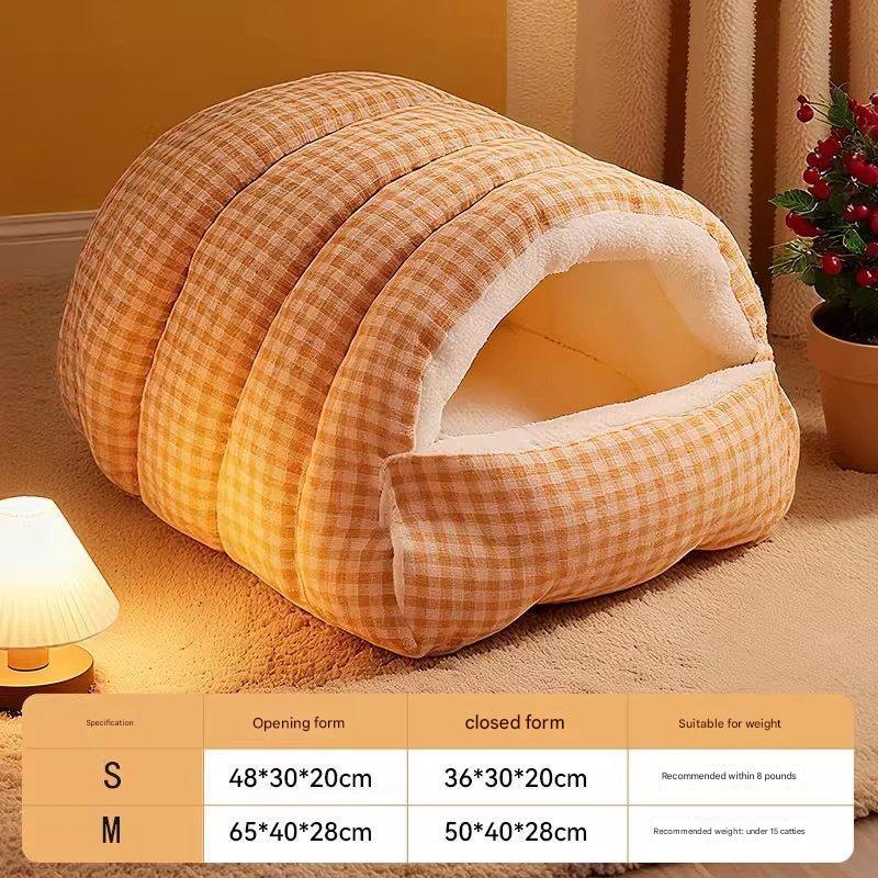 Cat Cave Bed | Enclosed Warm Nest | Orange Plaid | Small