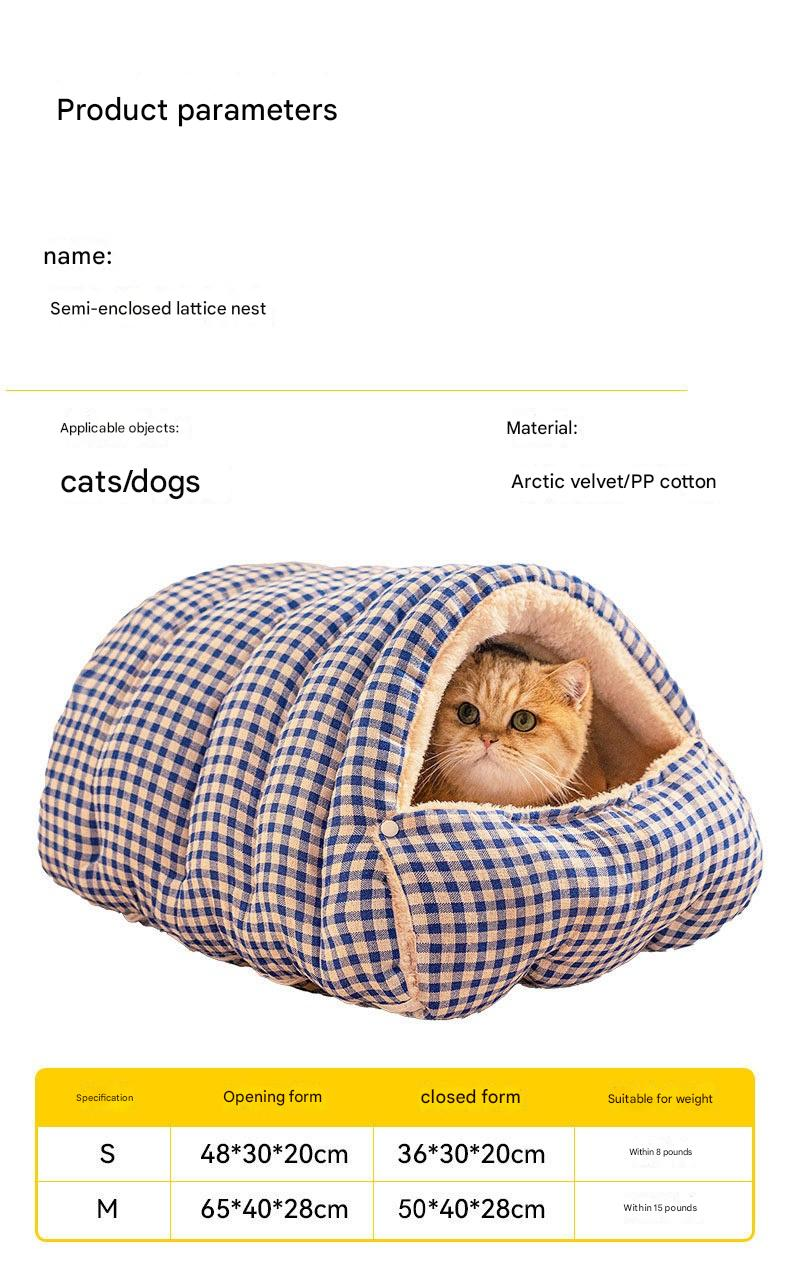 Cat Cave Bed | Enclosed Warm Nest | Yellow Plaid | Small