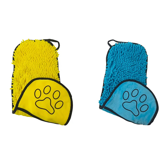 Yellow & Blue Chenille Pet Drying Towel with Hand Pockets | Ultra Absorbent Quick-Dry | Dog & Cat