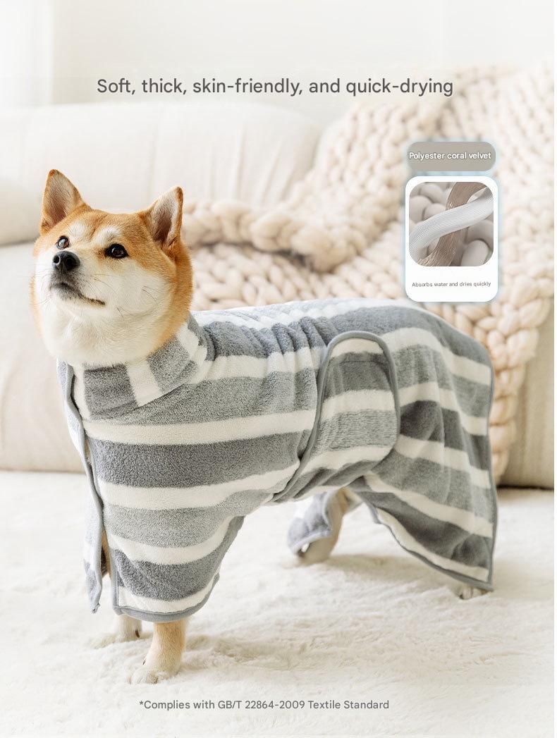 Grey & White Pet Quick-Dry Bathrobe | Coral Fleece | Adjustable Belly Strap | Large | Dogs & Cats