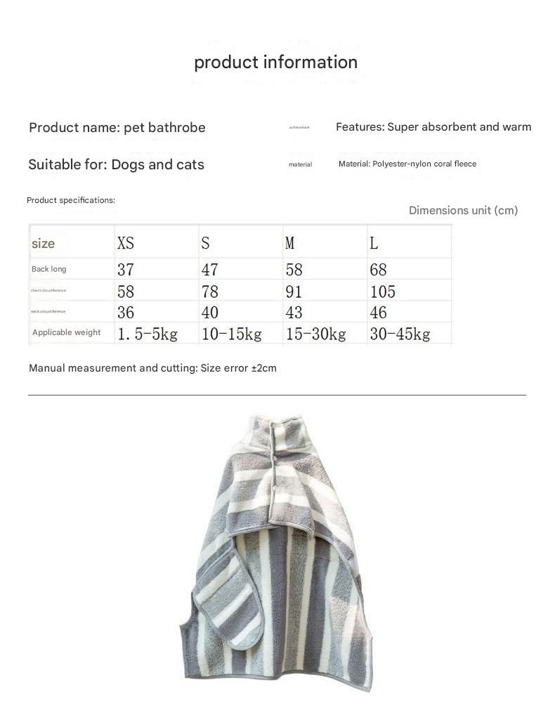 Grey & White Pet Quick-Dry Bathrobe | Coral Fleece | Adjustable Belly Strap | Large | Dogs & Cats