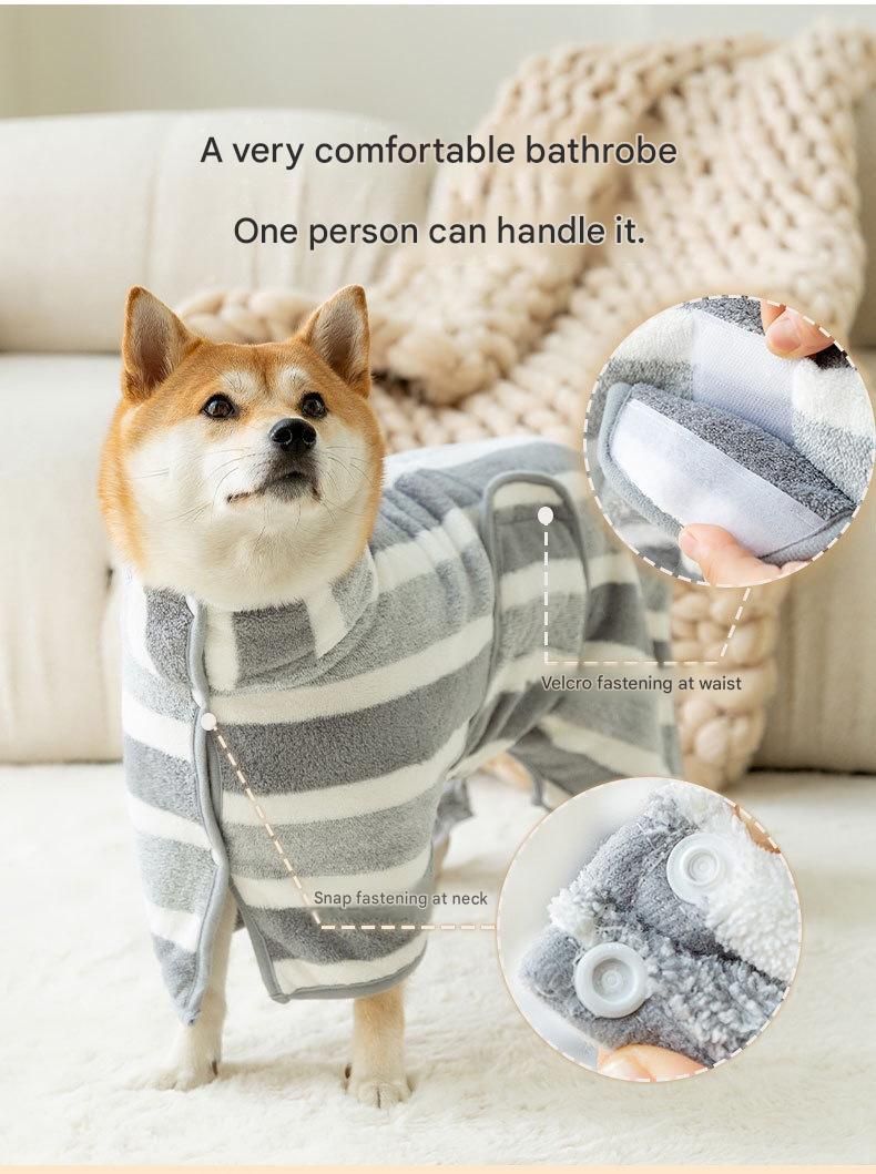 Grey & White Pet Quick-Dry Bathrobe | Coral Fleece | Adjustable Belly Strap | Large | Dogs & Cats