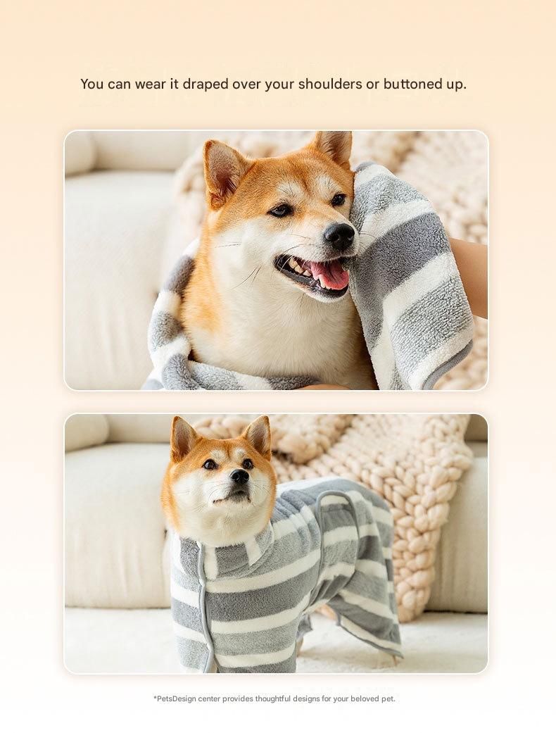 Grey & White Pet Quick-Dry Bathrobe | Coral Fleece | Adjustable Belly Strap | Large | Dogs & Cats