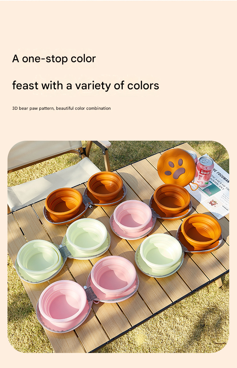 Brown Portable Collapsible Silicone Pet Bowl - Food Grade Silicone - Dual Bowl Design, Adjustable Height, Lightweight & Compact, Bear Paw Pattern, for Dogs & Cats, Travel Friendly, Easy Clean