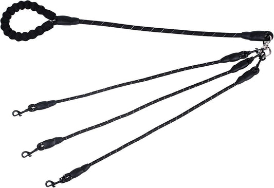 Black 3-in-1 No-Tangle Dog Leash for 1-3 Small Large Dogs – Heavy Duty 360° Swivel Bungee Coupler with Reflective Nylon Braid & Padded Handle