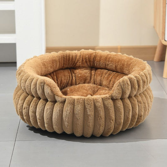 Coffee Plush Round Pet Bed | Gap Entry & Removable Cushion | L 60x60cm