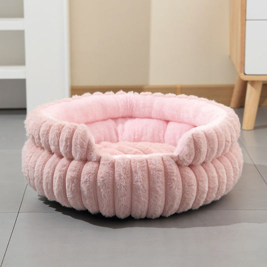 Pink Plush Round Pet Bed | Gap Entry & Removable Cushion | M 50x50cm