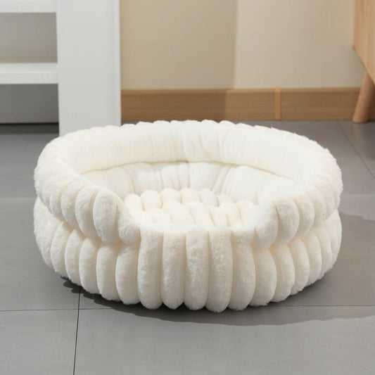 White Plush Round Pet Bed | Gap Entry & Removable Cushion | S 40x40cm