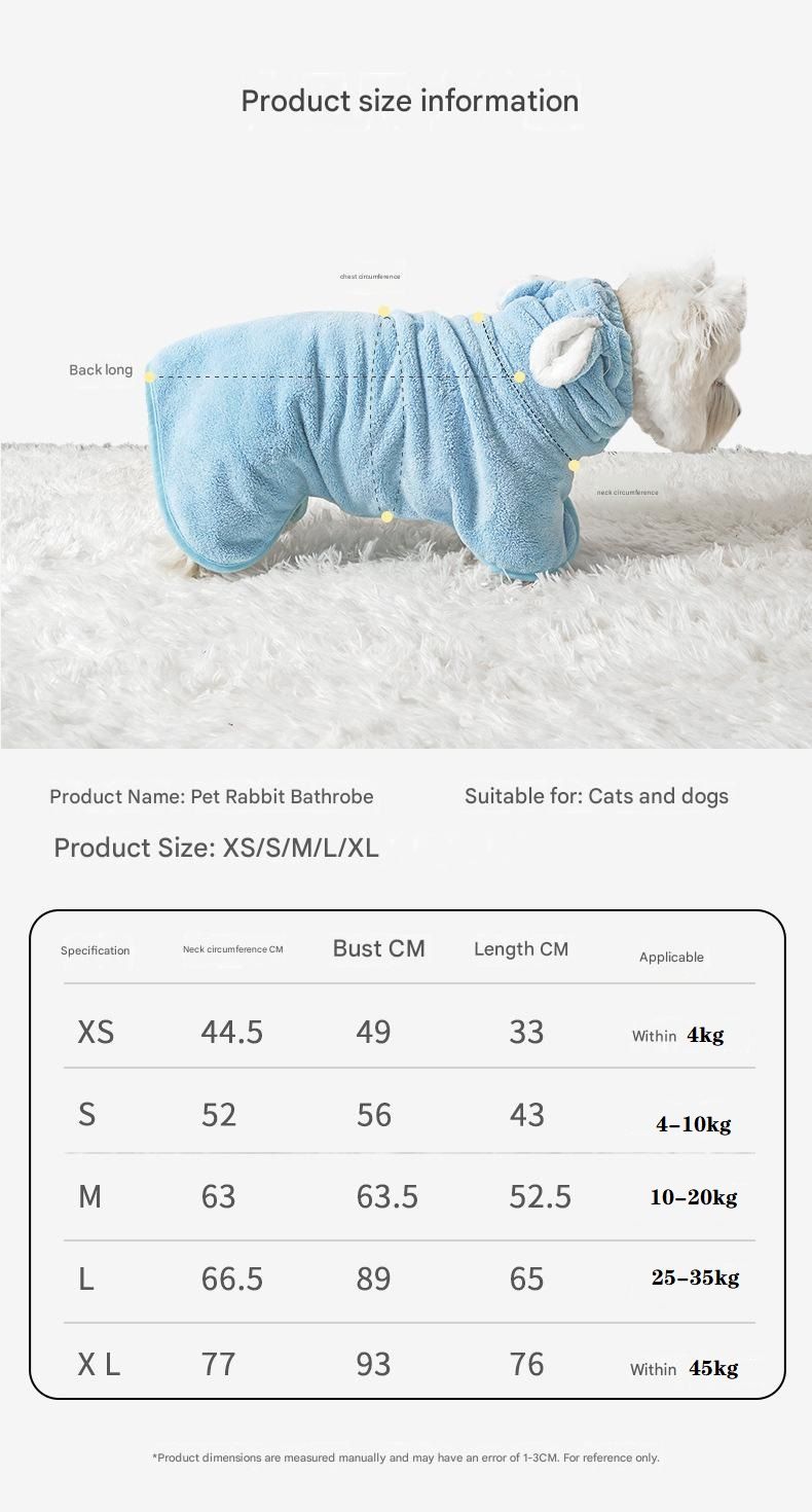 Blue Pet Drying Robe with Hood | Quick-Dry Coral Fleece | Cute Rabbit Ears | Medium | Dogs & Cats
