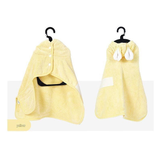Yellow L Pet Drying Robe with Hood | Quick-Dry Coral Fleece | Rabbit Ears | Dogs & Cats