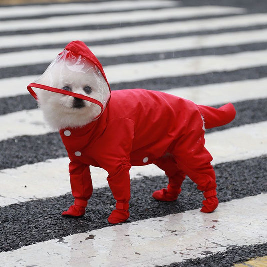 Red M size Full Coverage Pet Raincoat Jumpsuit Waterproof Dog Rain Suit