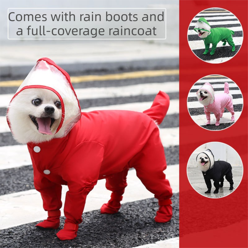 Black M size Full Coverage Pet Raincoat Jumpsuit Waterproof Dog Rain Suit with Attached Shoes and Tail Cover-Lightweight Hooded Dog Poncho for Small Dogs