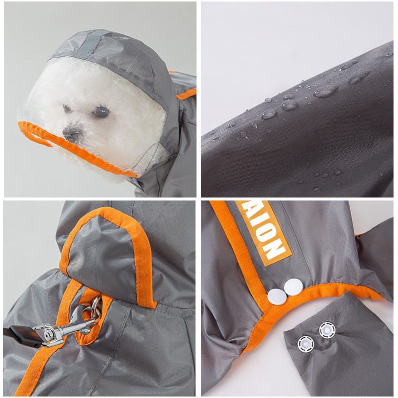 Grey and Orange L size Dog Raincoat with Leash Access and Transparent Hood - Waterproof Full Body Pet Rain Suit for Small and Medium Dogs, Reflective Trim, Removable Tail Cover, Outdoor Walking Apparel