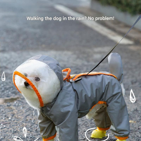 Grey and Orange XL size Dog Raincoat with Leash Access and Transparent