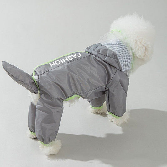 Grey and Green XL size Dog Raincoat with Leash Access and Transparent