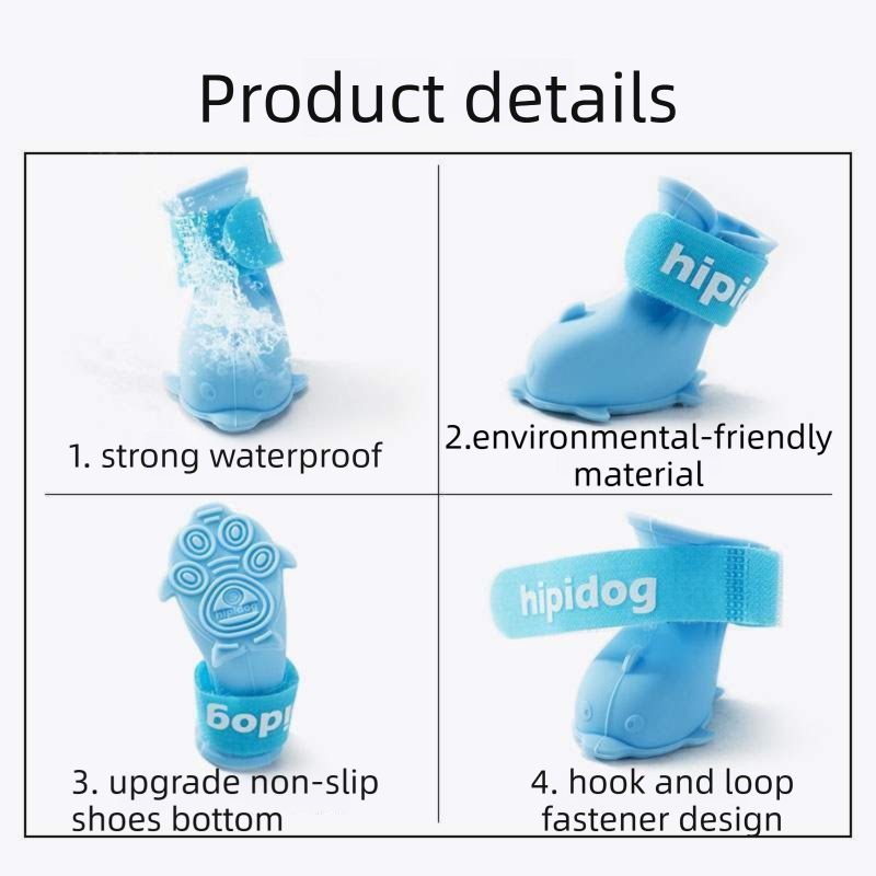 Blue L size Waterproof Dog Rain Boots Set of 4 - Cartoon Dolphin Design Shape PVC Pet Shoes with Adjustable Hook and Loop Straps, Anti Slip Paw Protectors for Small Dogs and Puppy Outdoor Walks