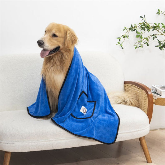 Blue 100*50cm icrofibre Pet Bath Towel with Hand Pockets