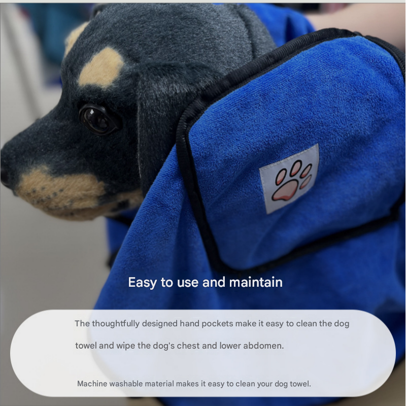 Blue 100*50cm icrofibre Pet Bath Towel with Hand Pockets - Super Absorbent Quick Dry Dog and Cat Drying Towel, Soft Grooming Blanket for Bathing, Cleaning and Everyday Pet Care