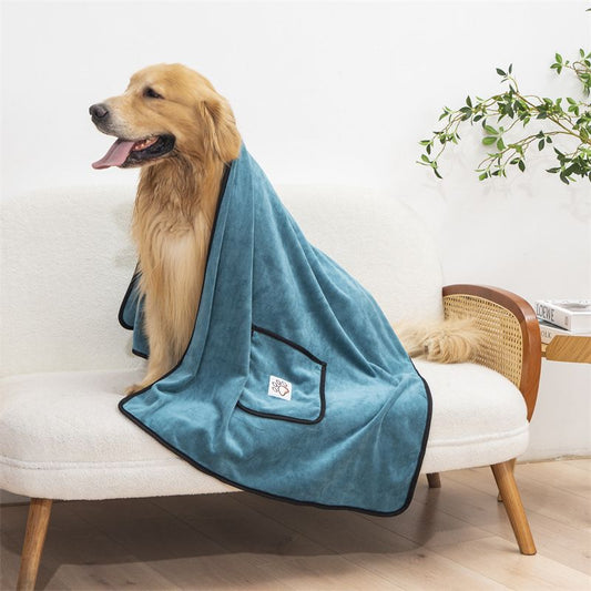 Blue-green 100*50cm icrofibre Pet Bath Towel with Hand Pockets