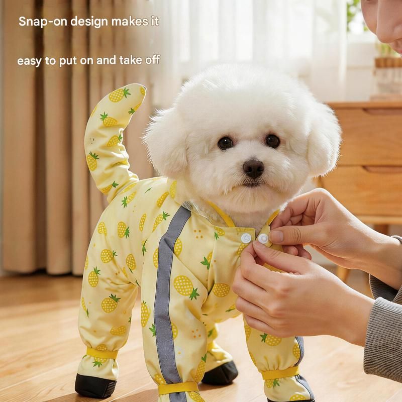 Yellow S size Pineapple Print Full-Cover Dog Raincoat with Transparent Hood, Waterproof Four-Leg Pet Rain Suit with Reflective Strips and Integrated Leash Ring for Small and Medium Dogs