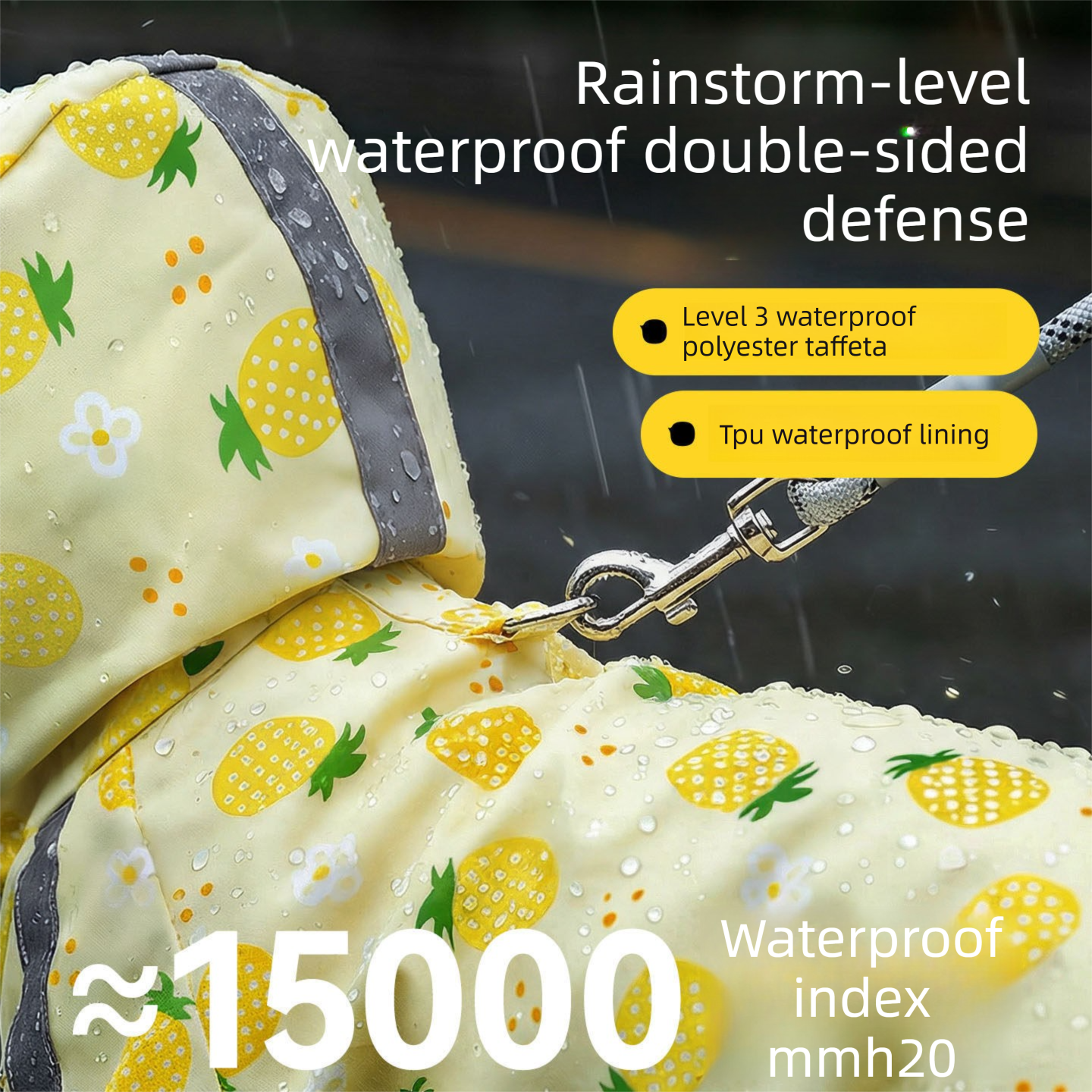 Yellow XL size Pineapple Print Full-Cover Dog Raincoat with Transparent Hood, Waterproof Four-Leg Pet Rain Suit with Reflective Strips and Integrated Leash Ring for Small and Medium Dogs