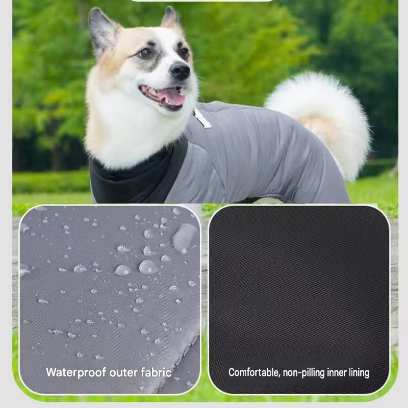 Blue L size Winter Dog Jumpsuit Coat – Waterproof Four-Leg Pet Jacket with Reflective Harness Clip, Windproof Warm Padded Puppy Snowsuit, Adjustable Polyester Dog Clothing for Small to Medium Dogs