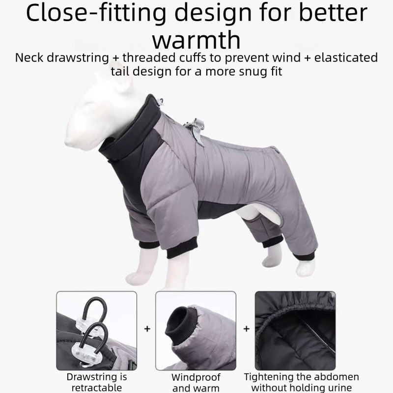 Blue L size Winter Dog Jumpsuit Coat – Waterproof Four-Leg Pet Jacket with Reflective Harness Clip, Windproof Warm Padded Puppy Snowsuit, Adjustable Polyester Dog Clothing for Small to Medium Dogs