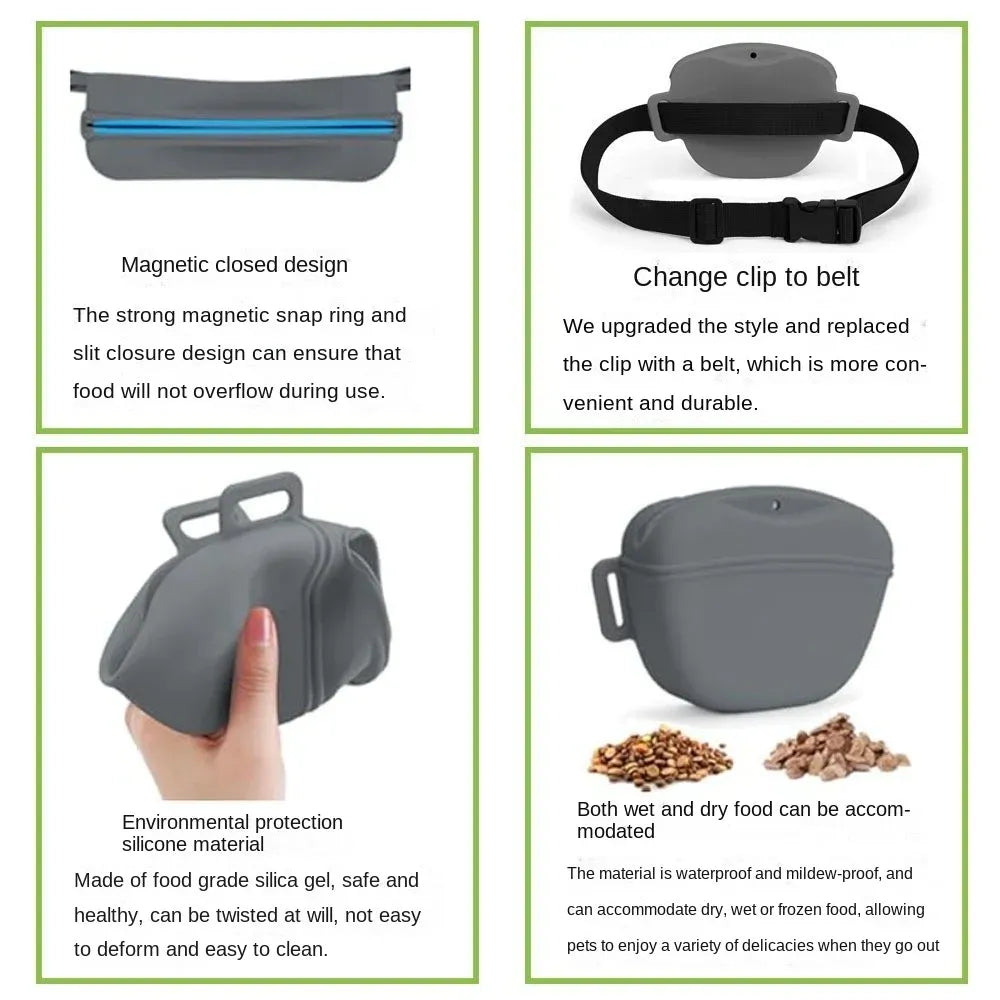 Cyan Silicone Dog Training Treat Pouch with Adjustable Waist Belt Hands-Free Pet Reward Bag for Outdoor Walks