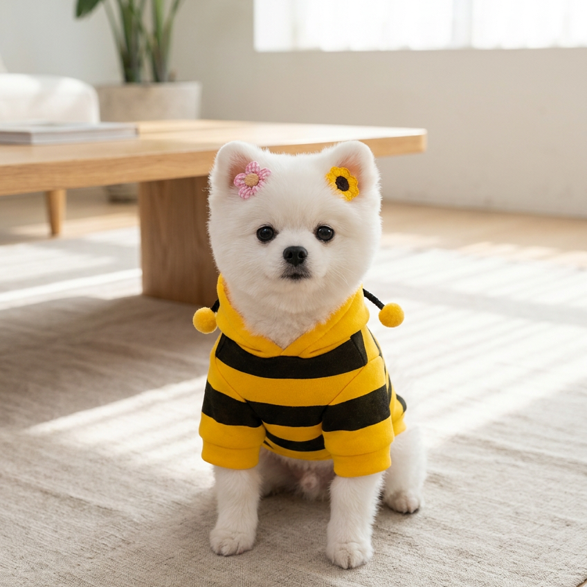 Size XL Bee Fleece Hoodie Jumper for Small Dogs & Cats with 5 Hair Clips - Winter Warm Pet Apparel Australia