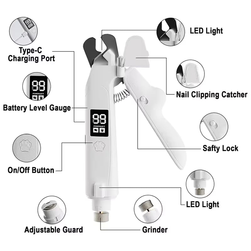 2 in 1 Pet Nail Clippers with Grinder LED Light Rechargeable Electric Dog Cat Nail Trimmer with LCD Display
