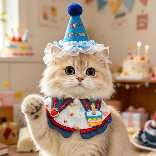 Size S Blue Pet Birthday Party Supplies Strawberry Cake Bib and Hat Set