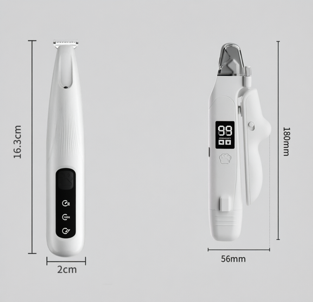 Black Paw Hair Trimmer & White Pet Nail Clipper Set | USB Rechargeable LED Display | Dog & Cat