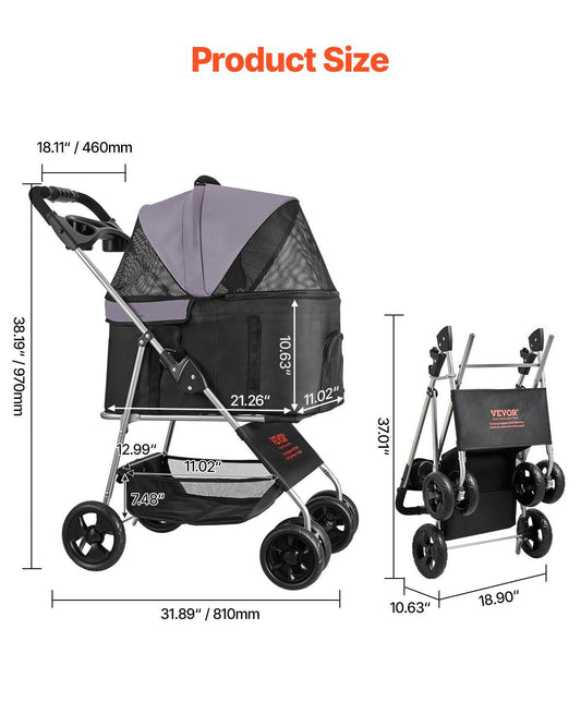 Foldable 4-Wheel Pet Stroller | 16KG Capacity | Detachable Carrier