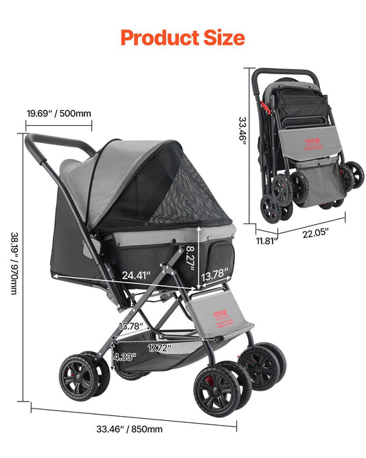 Foldable 4-Wheel Pet Stroller | 20KG Capacity | Reversible Handle